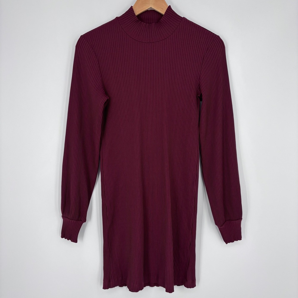 Aritzia Wilfred Laverna Ribbed Mock Neck Dress Sz S Burgundy Long Sleeve Mini